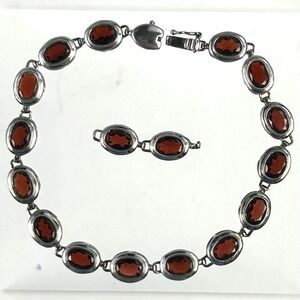 925 FP China Sterling Silver Garnet Link Bracelet w/ 2 Extra Links 8.5g